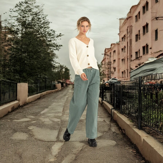 Gray- Green Pleated Mid- Rise Wide Leg Pants