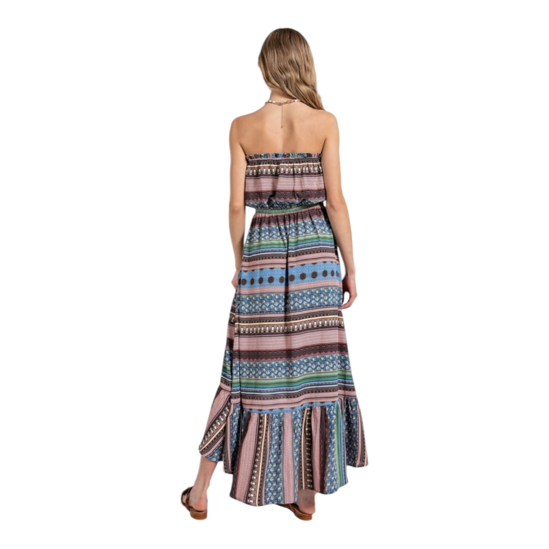 Gabby Sky Blue Mixed Print Button Detailed Tube Midi Dress