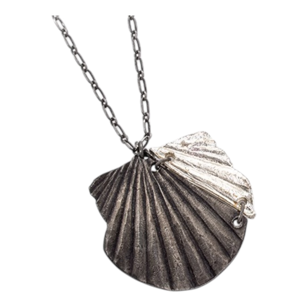 Antique Silver and Black Tone Scallop Shell Necklace