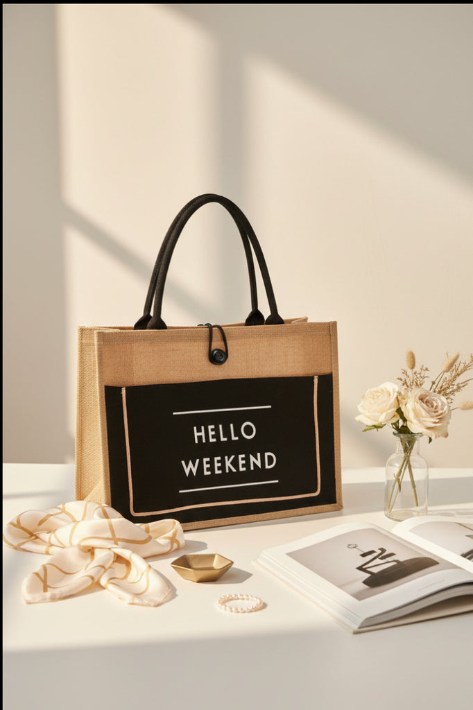 Hello Weekend burlap tote bag