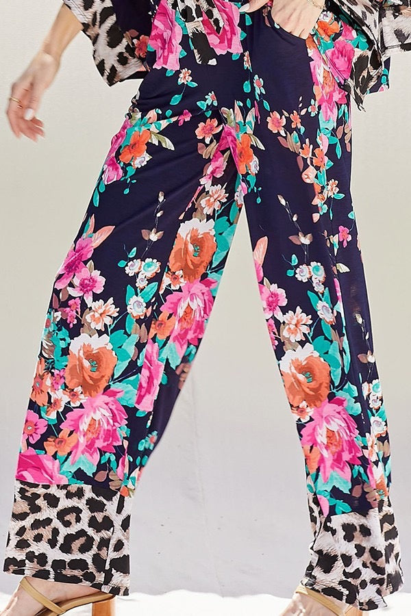 FLORAL AND LEOPARD MIX PRINT KIMONO PANTS RESORT SET