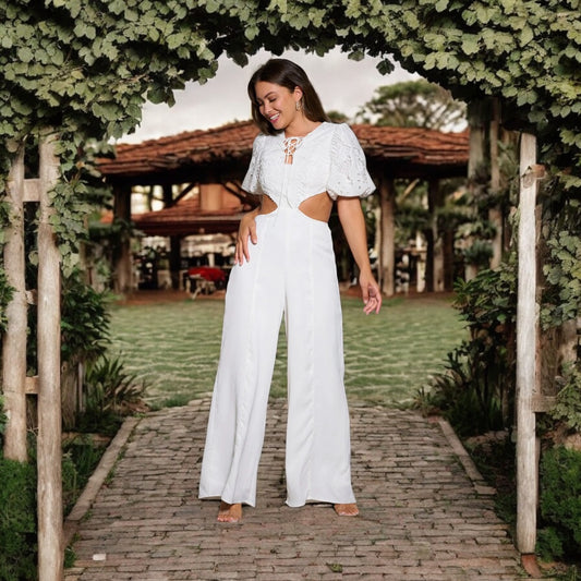 SHORT SLEEVE V-NECK CUT OUT WIDE LEG JUMPSUIT