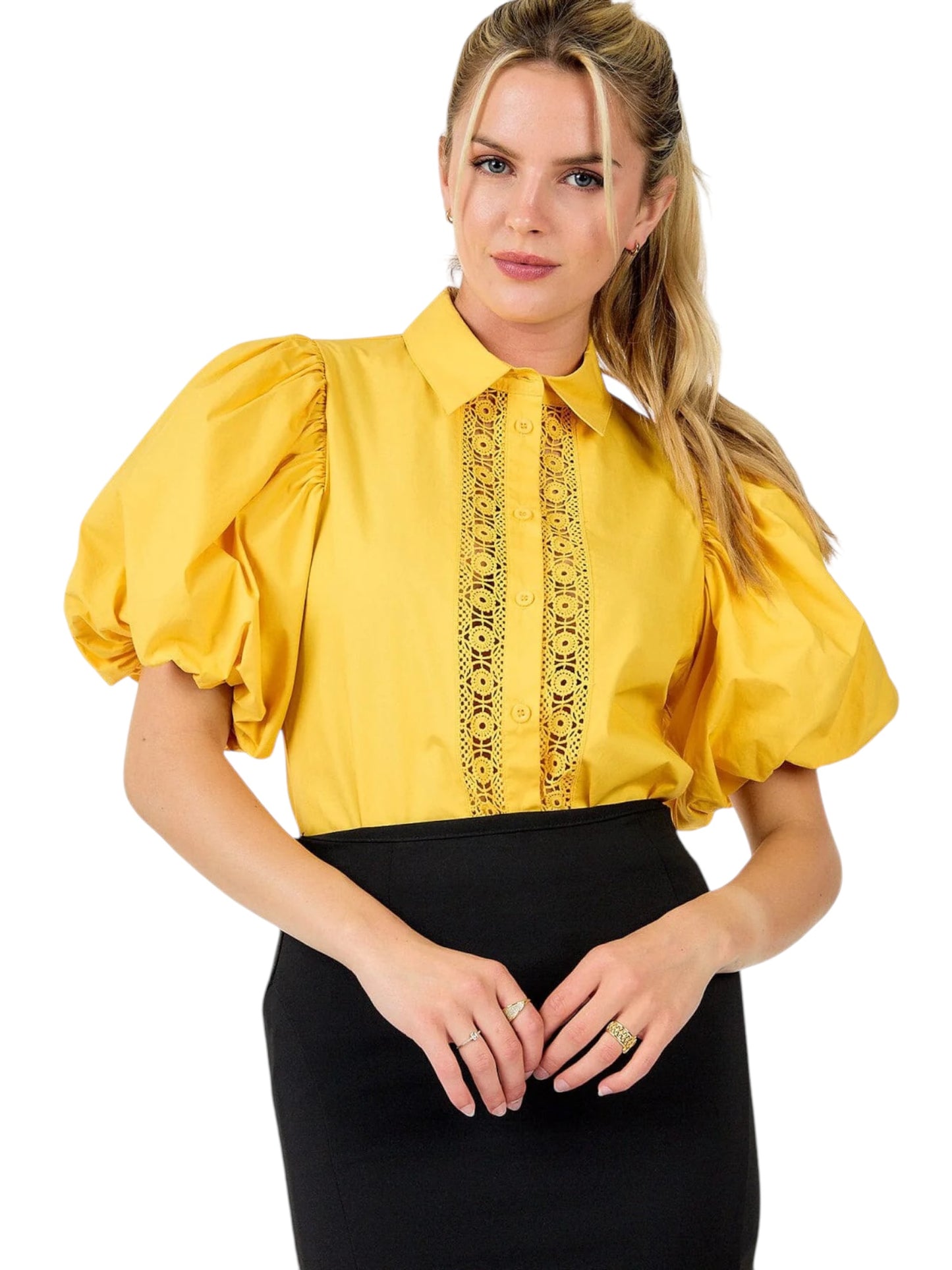 YELLOW SHORT PUFF SLEEVE BUTTON UP CROCHET DETAILED BLOUSE