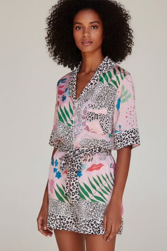 Pink leopard trim two-piece pajama set