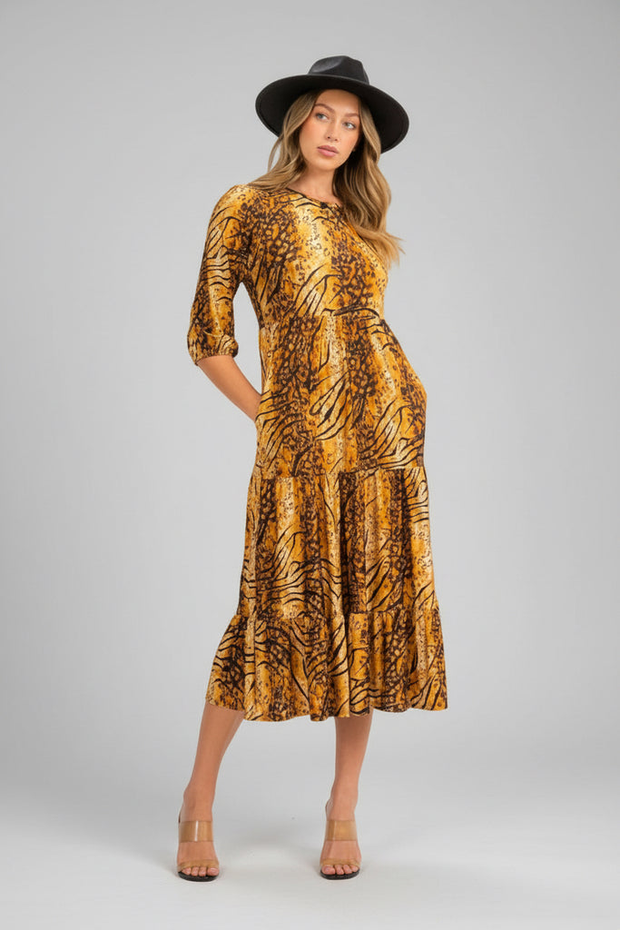 Animal print 3/4 sleeve midi dress
