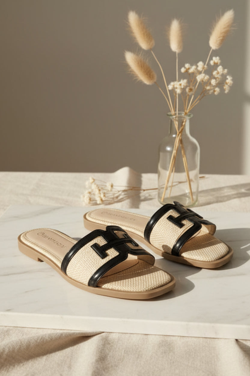 BOARDWALK BLACK AND RAFFIA LEATHER LINE DESIGN SLIP-ON SANDALS