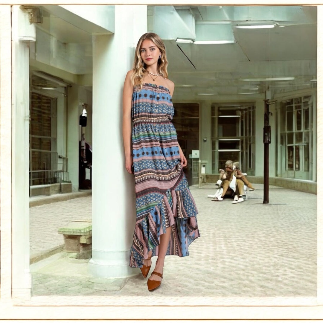 Gabby Sky Blue Mixed Print Button Detailed Tube Midi Dress