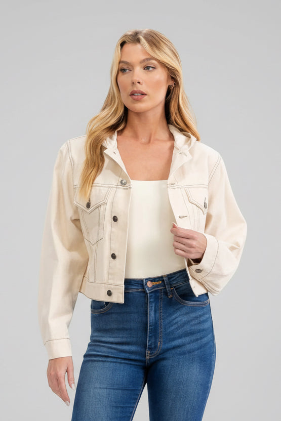 Soft denim crop hoodie jacket in oatmeal color