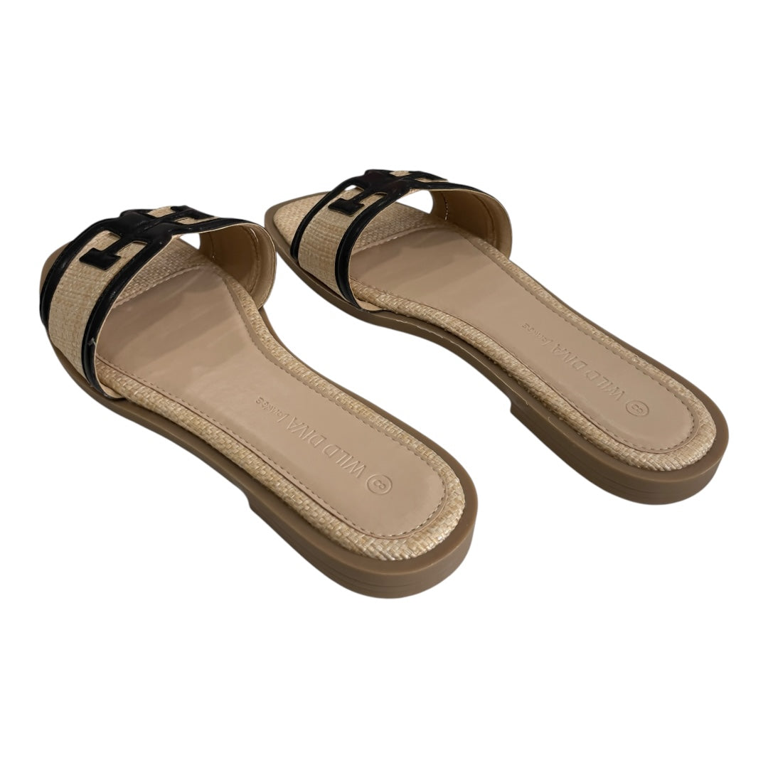 BLACK LEATHER LINE DESIGN RAFFIA SLIP-ON SANDALS