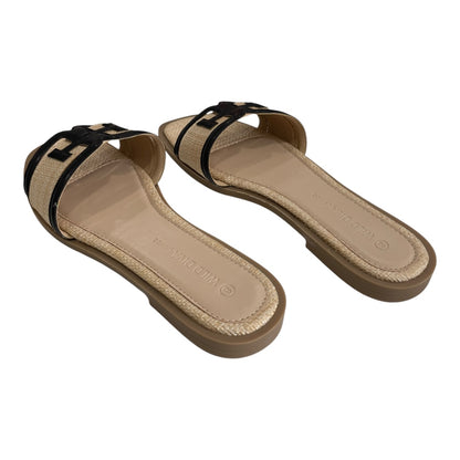 BLACK LEATHER LINE DESIGN RAFFIA SLIP-ON SANDALS