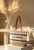 Hello weekend straw braided tote bag, front view