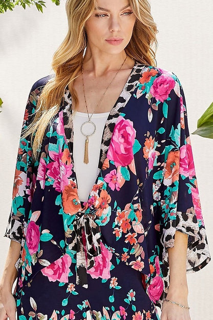 FLORAL AND LEOPARD MIX PRINT KIMONO PANTS RESORT SET