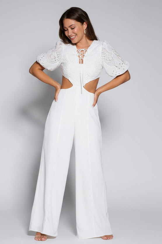 Embroidered V-neck cut-out wide leg jumpsuit