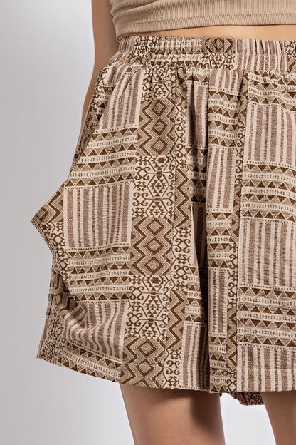 High Waisted Brown Aztec Print Shorts