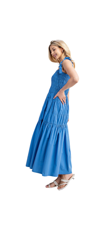 Smocked Maxi Dress with Shoulder Tie