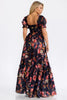 Short puff sleeve black and pink floral maxi dress