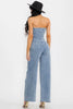 Wide-leg stretch denim jumpsuit, strapless with pockets