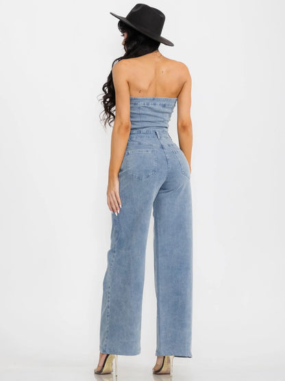 SLEEVELESS POCKETS STRETCH WIDE LEG DENIM JUMPSUIT