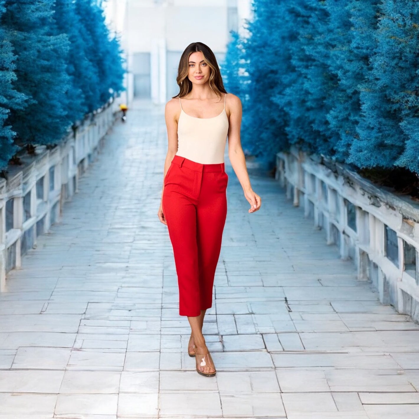 HIGH RISE BUTTON CLOSURE POCKETS CROP PANTS