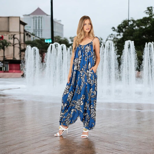 SLEEVELESS FRONT POCKETS FLORAL PRINT JUMPSUIT