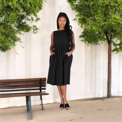BACK BUTTON UP POCKETS FIT & FLARE SLEEVELESS MIDI DRESS
