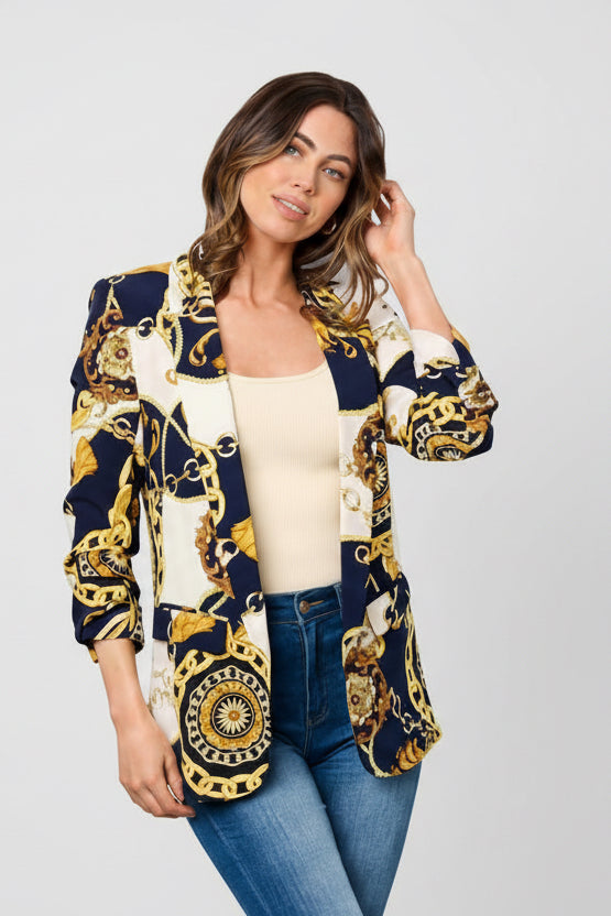 Ruched 3/4 sleeve chain print blazer