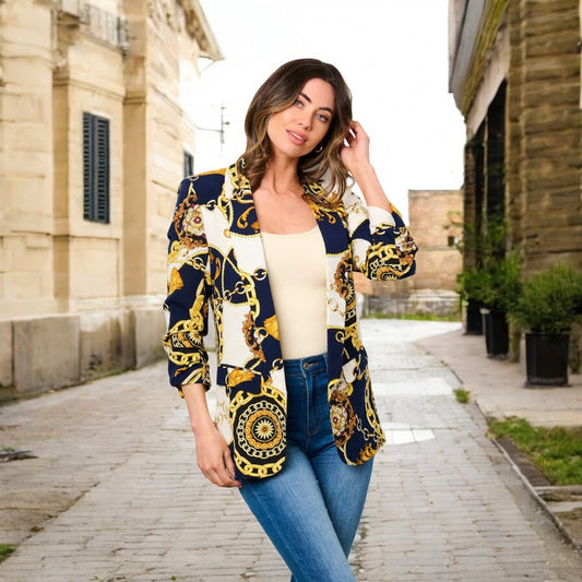 DONATELLA V. 3/4 RUCHED SLEEVES OPEN FRONT POCKETS PRINTED BLAZER