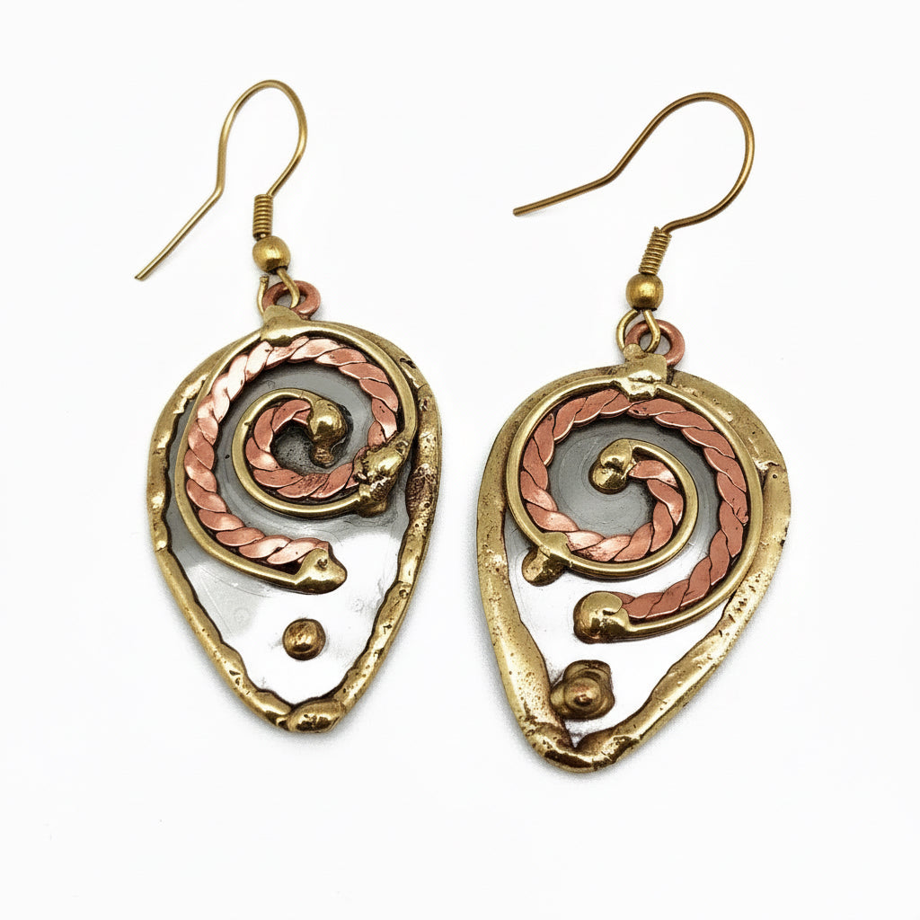 Handmade Copper Whirl Teardrop Mixed Metal Earrings