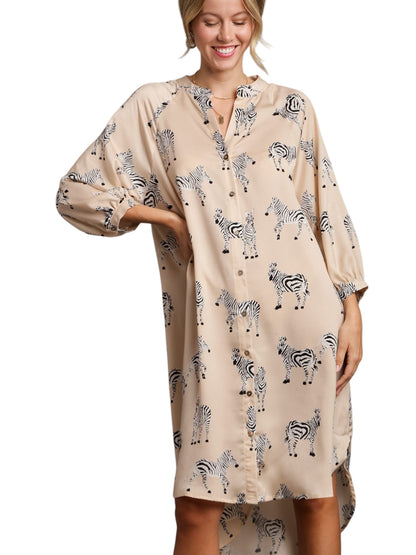 Satin Zebra Print Button Down High Low Hen Midi Dress
