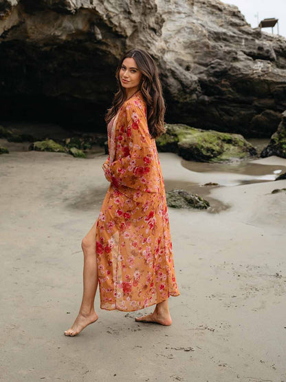 FLORAL RUFFLE SLEEVE OPEN FRONT FLORAL KIMONO/ SWIM COVERUP