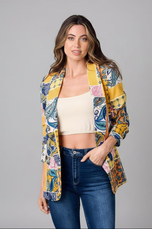 Paisley geometric print open-front blazer