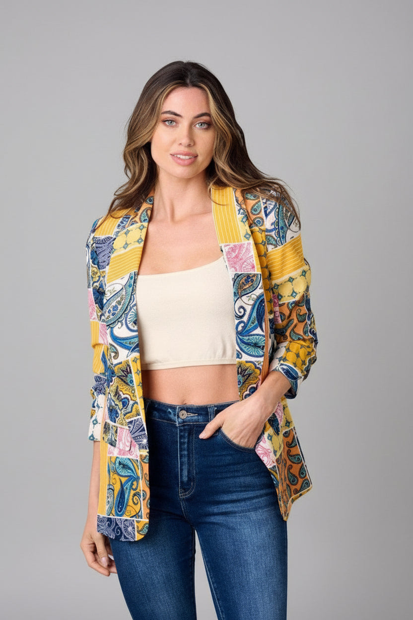 SOLEIL MOSAIC PAISLEY, GEOMETRIC PATTERN 3/4 SLEEVE BLAZER