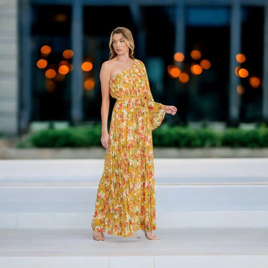 MUSTARD ONE SHOULDER  TIE FLORAL MAXI DRESS