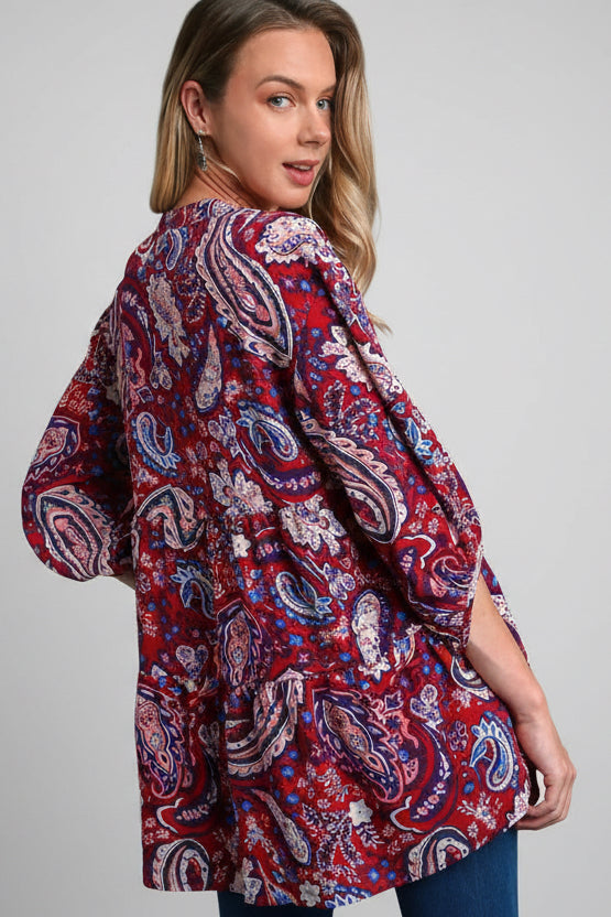 Wine Color Mix PaisleyTiered 3/4 Sleeve Baby Doll  Tunic Top