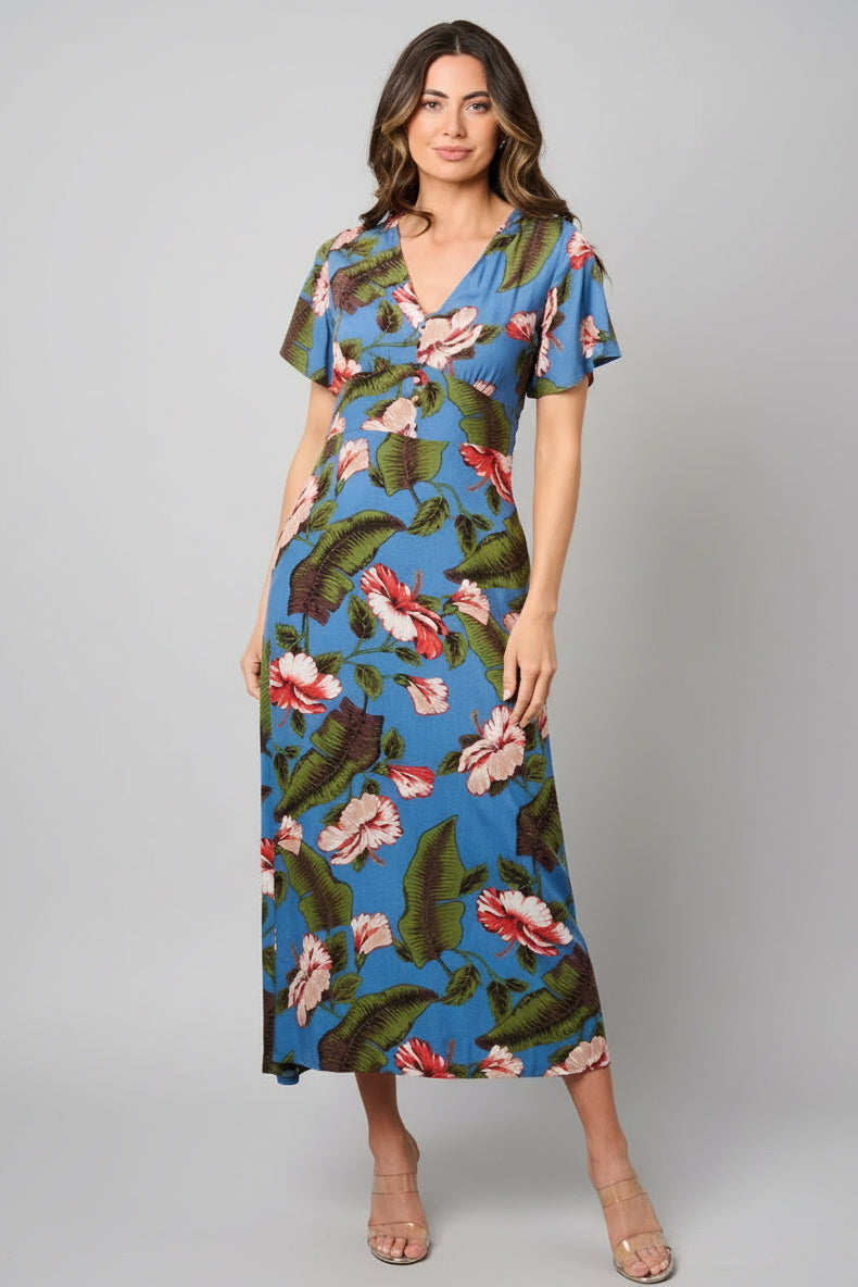 TROPICAL HIBISCUS  BLUE FLORAL MIDI DRESS