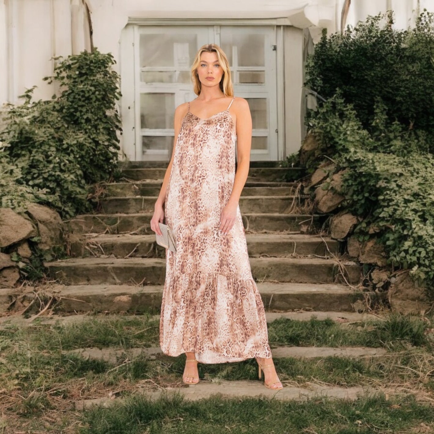 SNAKE PRINT ADJUSTABLE STRAP TIERED  MAXI DRESS