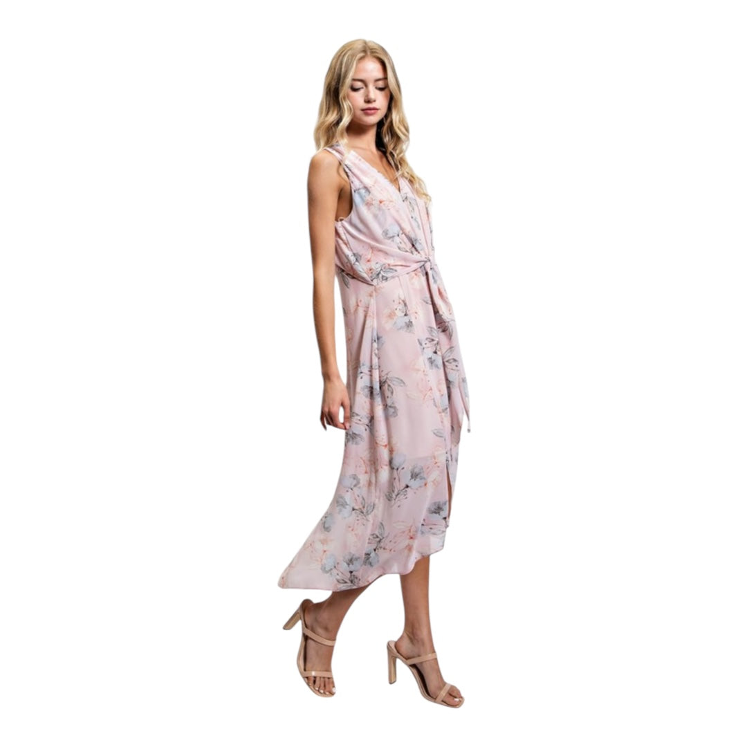 Pale Pink and Blue Floral Draped Tie Front Dress