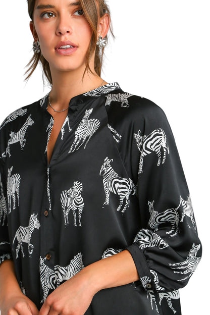 Satin Zebra Print Button Down High Low Hen Midi Dress