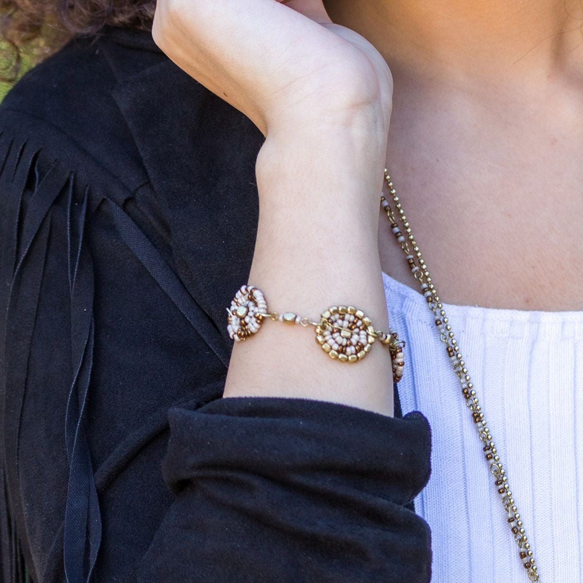 Handmade Sachi Beaded Coffee and Cream Color Bracelet