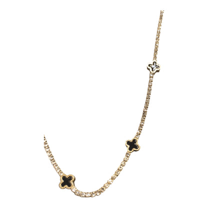 Black Shell Clover Station Charms Rhinestone Chain Necklace