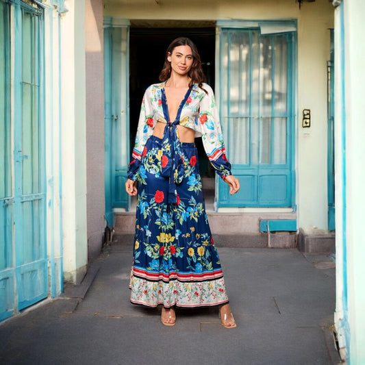 FLORAL CROP TOP & ELASTIC WAIST TIERED PANTS SET