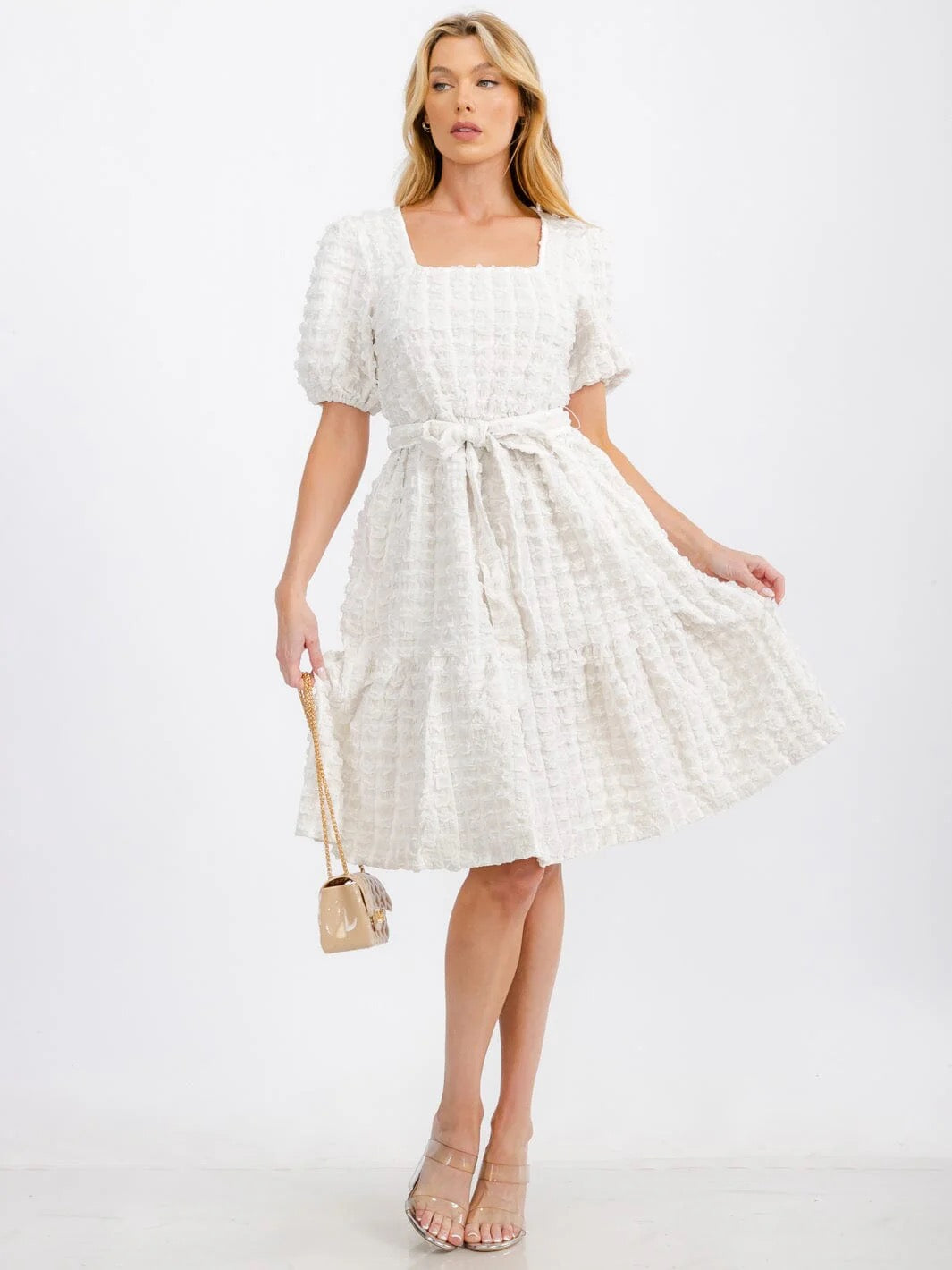 SHORT PUFF SLEEVE SQUARE NECK TIERED POCKETS MIDI DRESS