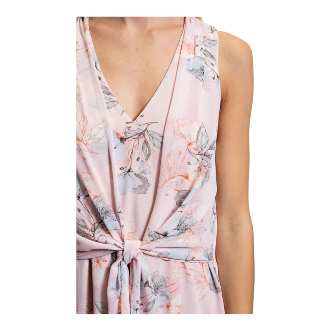 Pale Pink and Blue Floral Draped Tie Front Dress