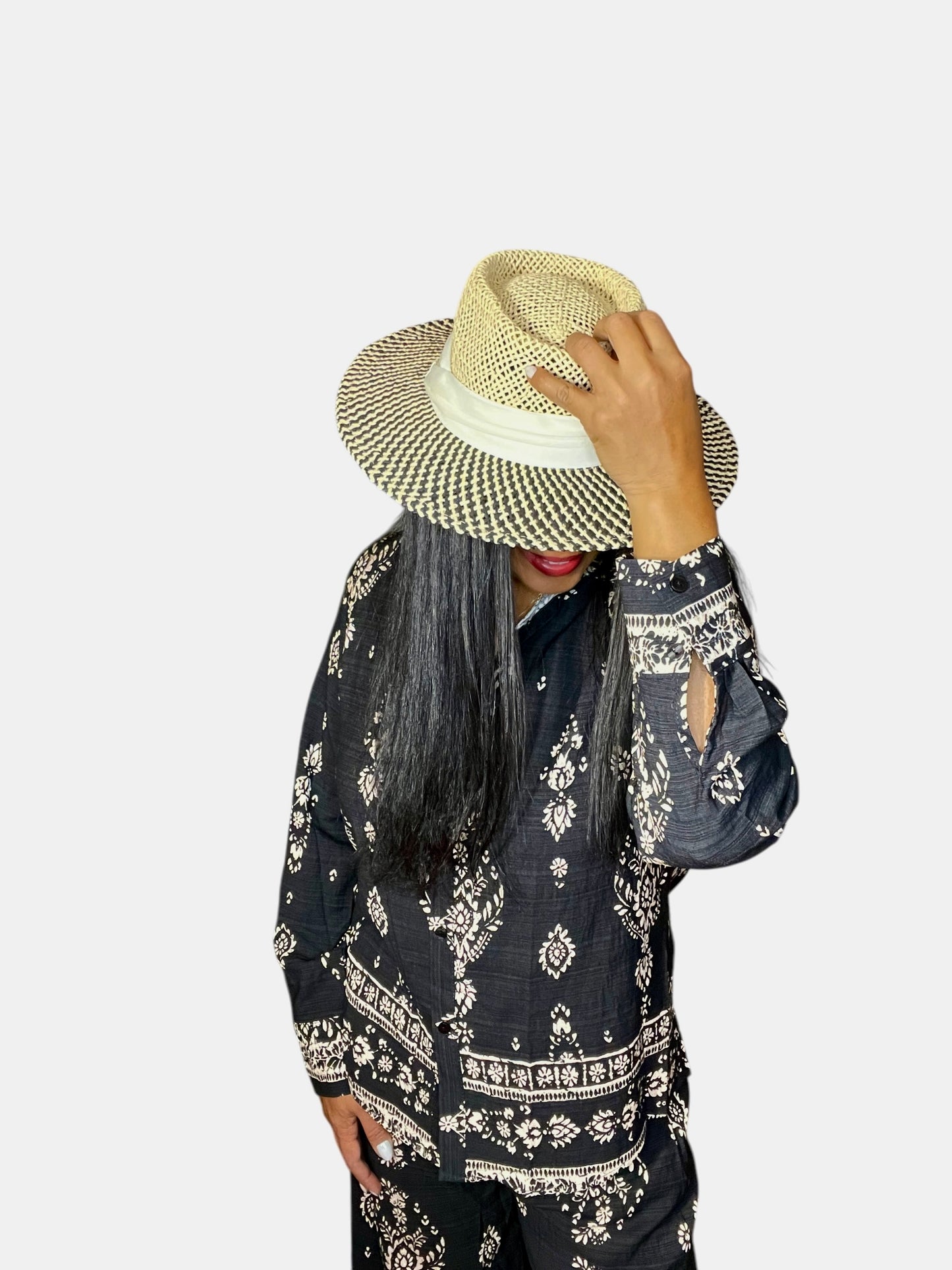 White and Black Straw Hat with White Hat Band