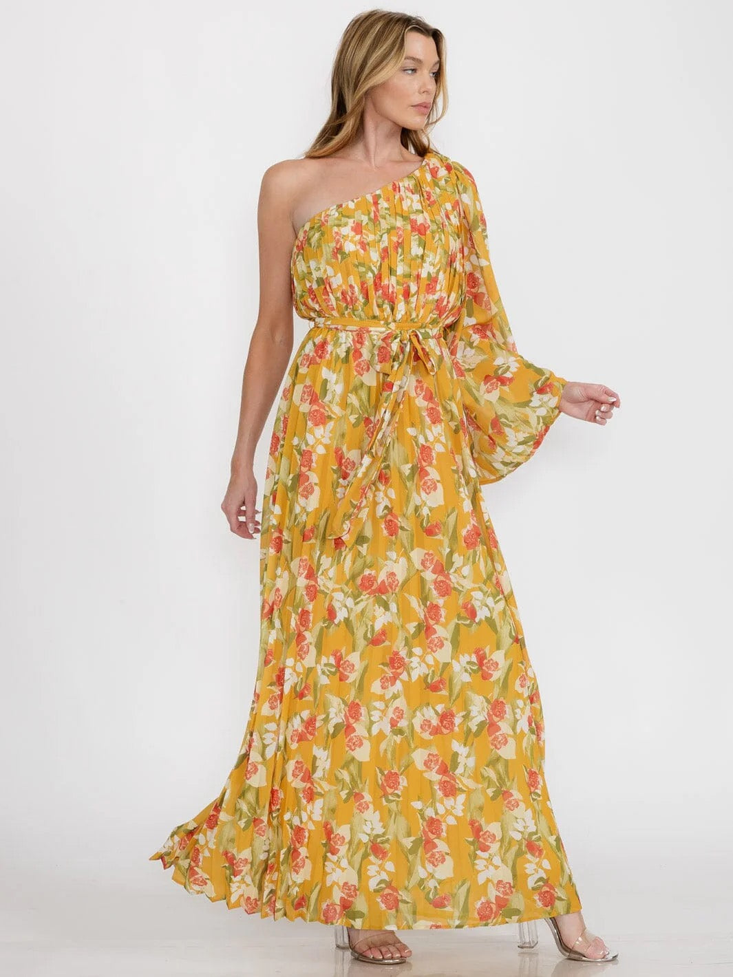 MUSTARD ONE SHOULDER  TIE FLORAL MAXI DRESS