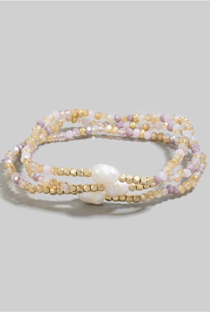 Pink Faceted And Fresh Water Pearl Beads Bracelet Set