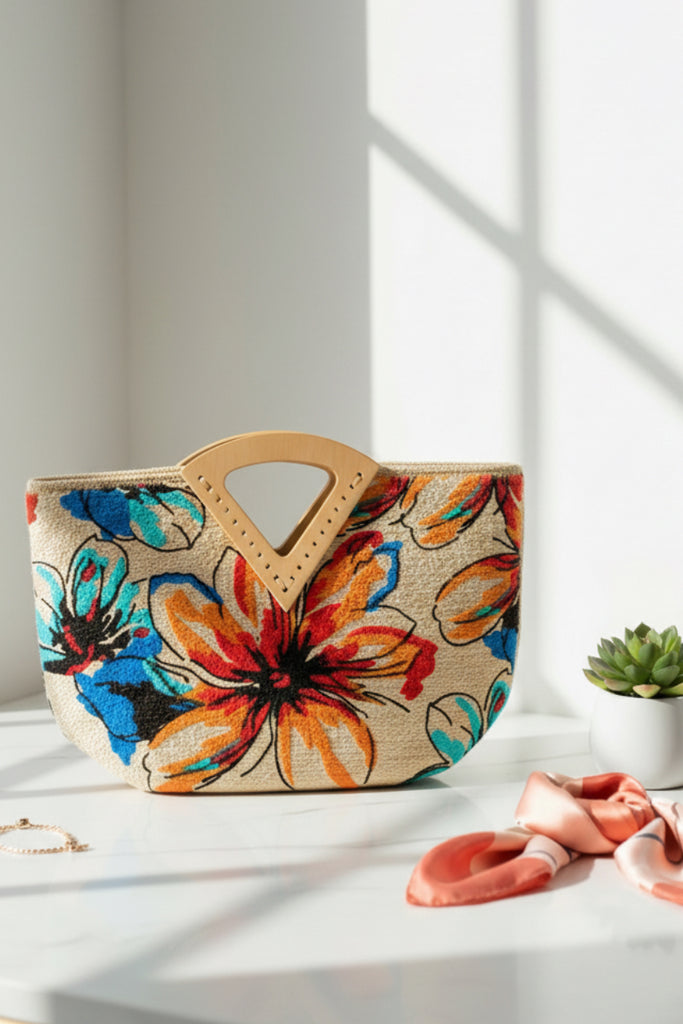 Floral printed jute rectangle tote bag with wooden handles, front view