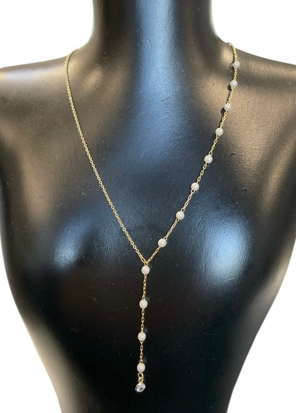 Dainty Chain Pearl Bead Lariat Necklace