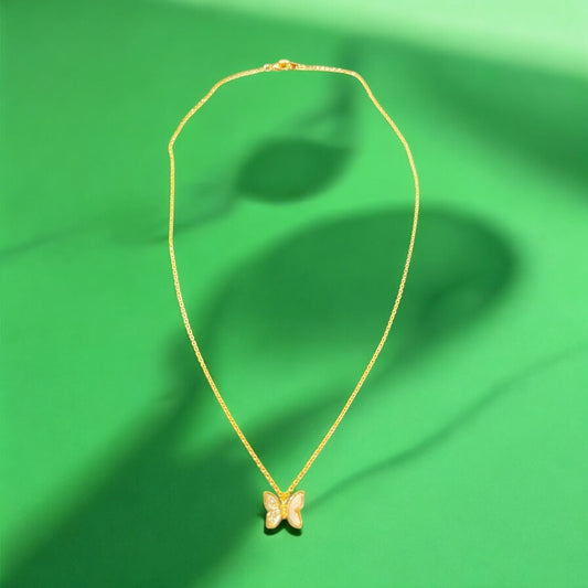 Gold Dipped Shell And Cz Pave Butterfly Pendant Necklace