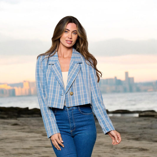 BLUE LONG SLEEVE LIGHTWEIGHT BUTTON CLOSURE PLAID BLAZER